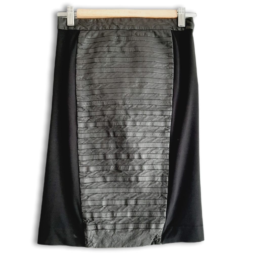 MUUBAA Lamb Leather & Fabric Panel Combo Pencil Knee Length Skirt Black Sz XS
